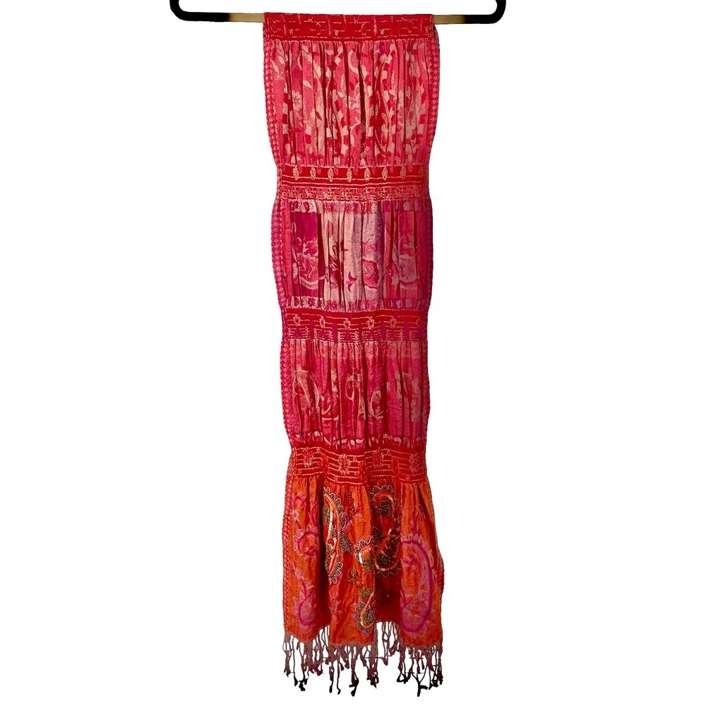 Tolani 100% Pure Silk Scarf Pink Orange Paisley Embroidered Sequin Beaded Fringe